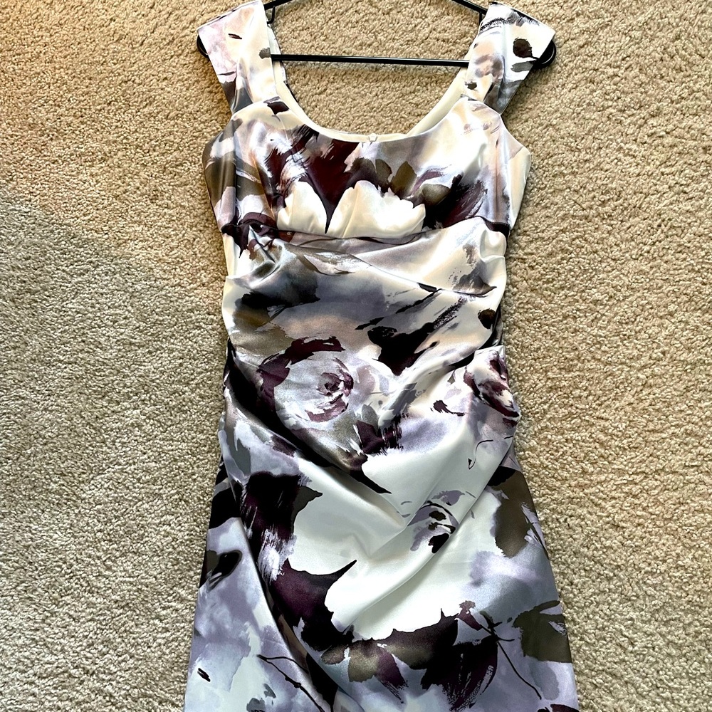 London times satin mini dress. Black and lavender floral pattern. Size 4